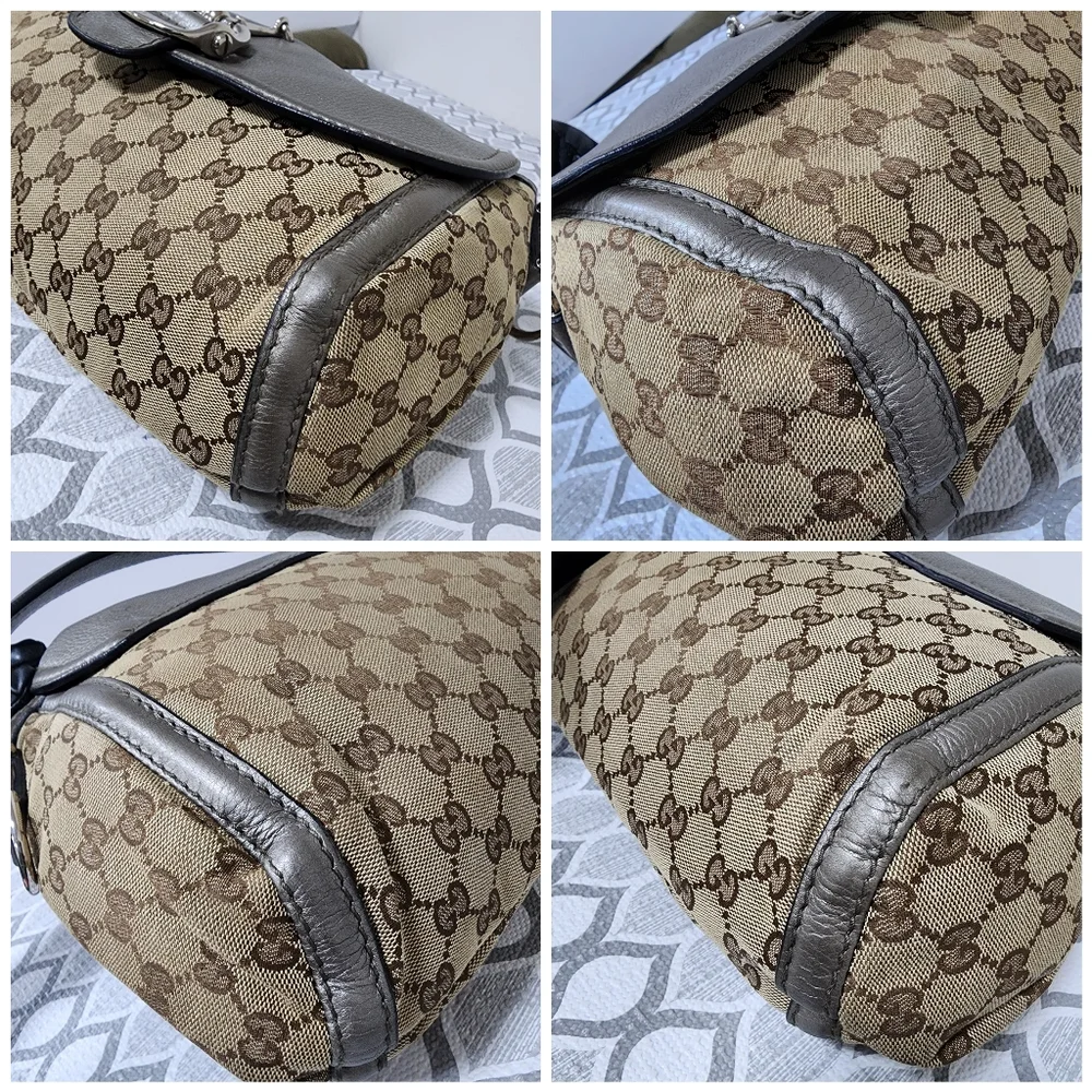 Gucci Medium GG Canvas Techno Horsebit Flap Hobo Bag Grey/Beige